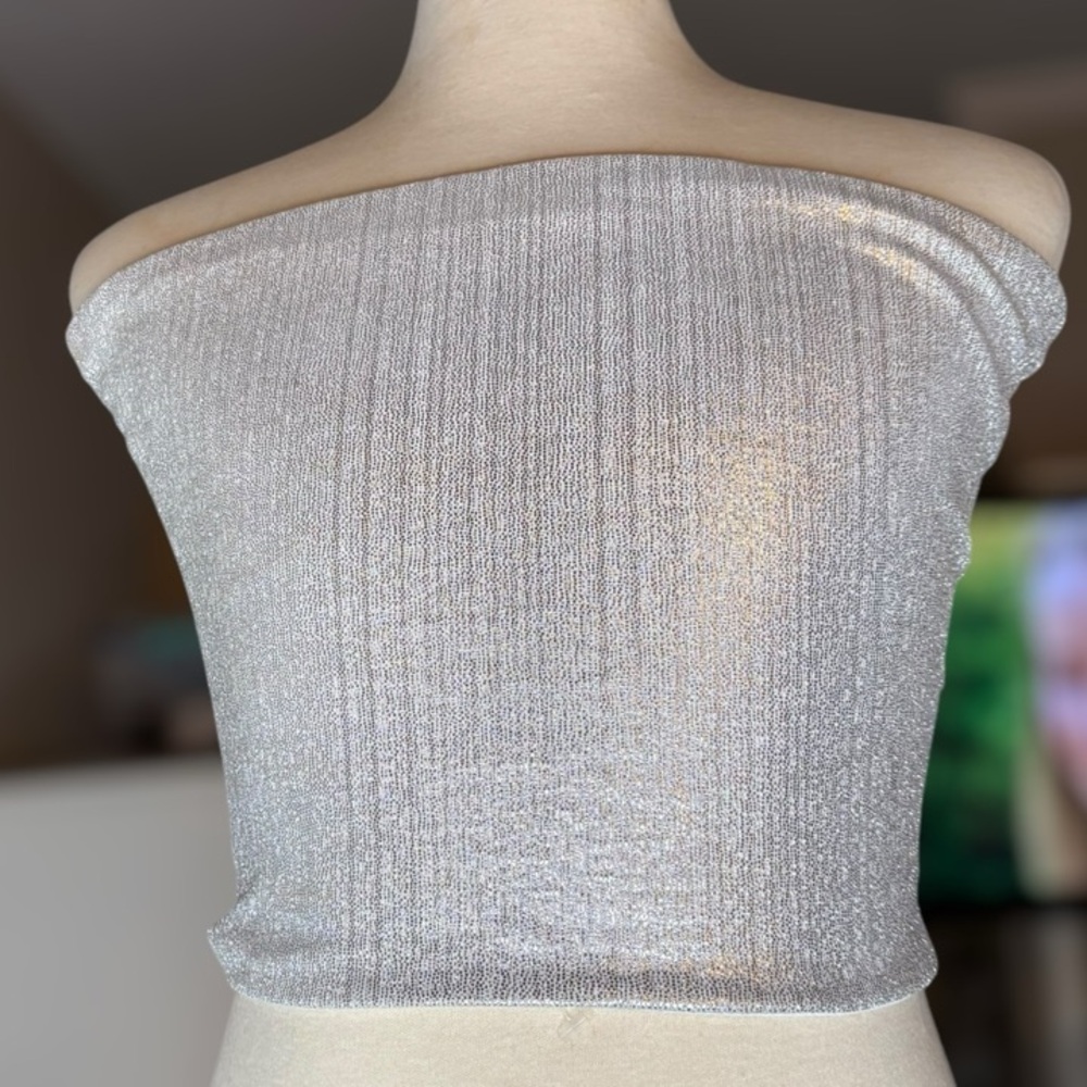 White Silver Shiny White Fox bandeau Top // Elegant Silver Off-Shoulder Top